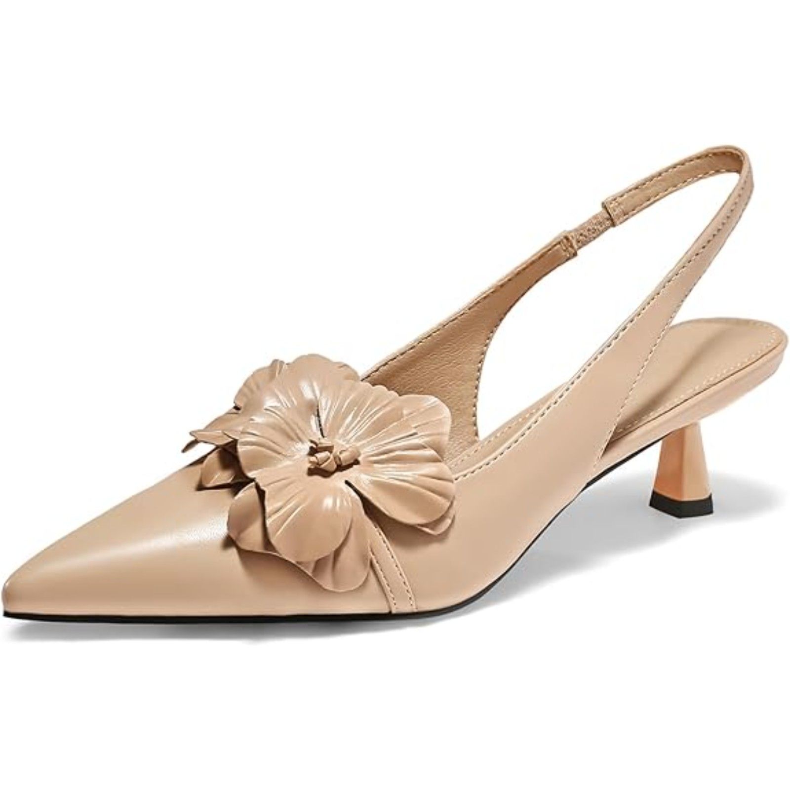Womens Khaki Flower Closed Pointed Toe Slingback Kitten Heel Wedding Pumps Shoes